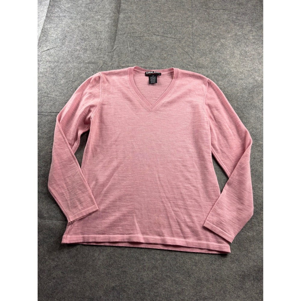 Kirkland Signature Pink Extrafine Merino Wool V-Neck Sweater Made in Italy L SEE